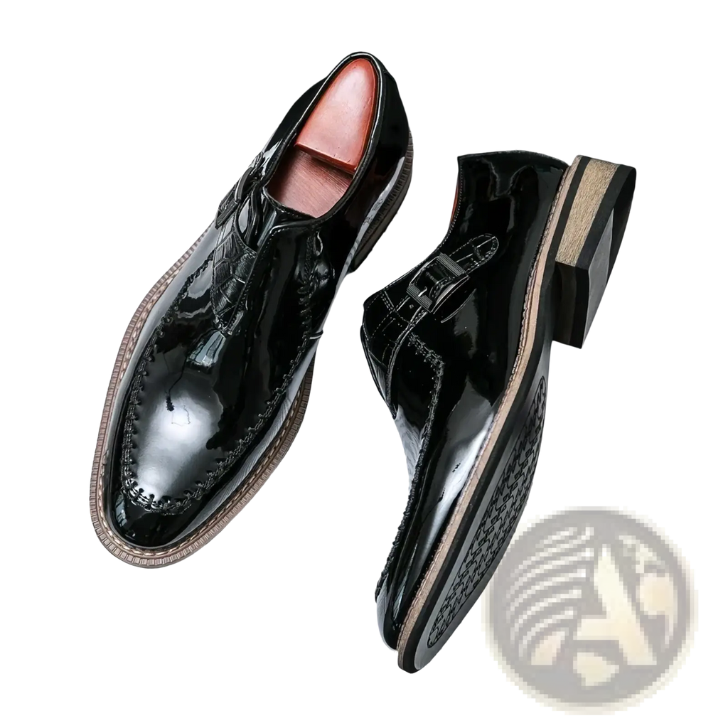Men glossy patent leather dress shoes in black with a glossy finish and contrasting tan stitching along the edges