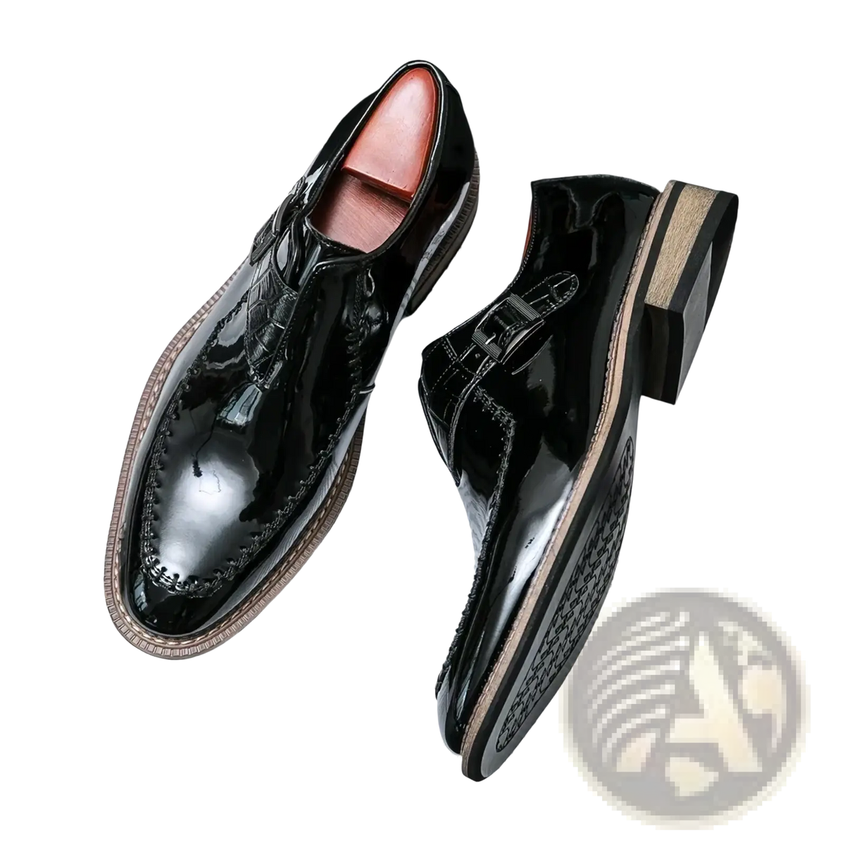 Men glossy patent leather dress shoes in black with a glossy finish and contrasting tan stitching along the edges