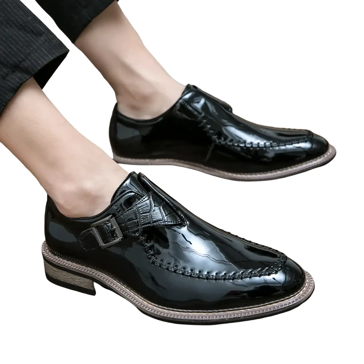 Men glossy patent leather dress shoes featuring black lace-up oxfords with crocodile-textured strap and stitched detailing