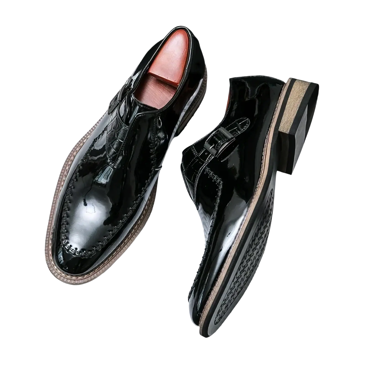 Men glossy patent leather dress shoes in black with a glossy finish and contrasting tan stitching along the edges