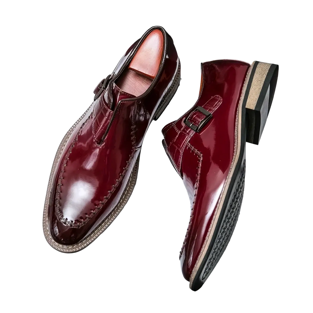 Men glossy patent leather dress shoes in burgundy with a sleek polished finish and black buckle oxford style