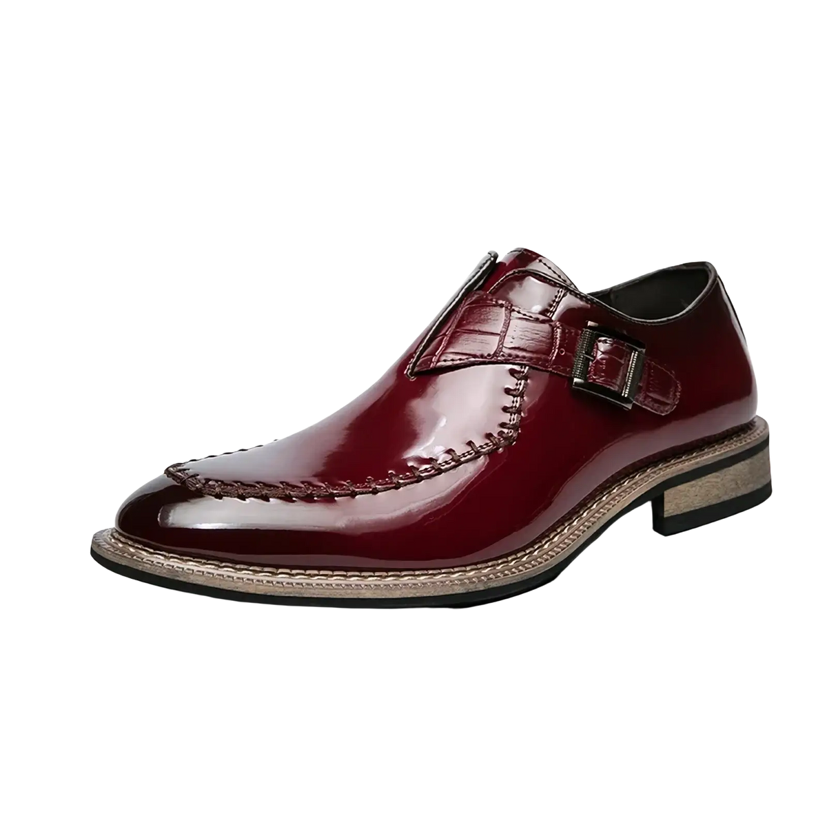 Men glossy patent leather dress shoe in burgundy with crocodile-textured strap and detailed stitching