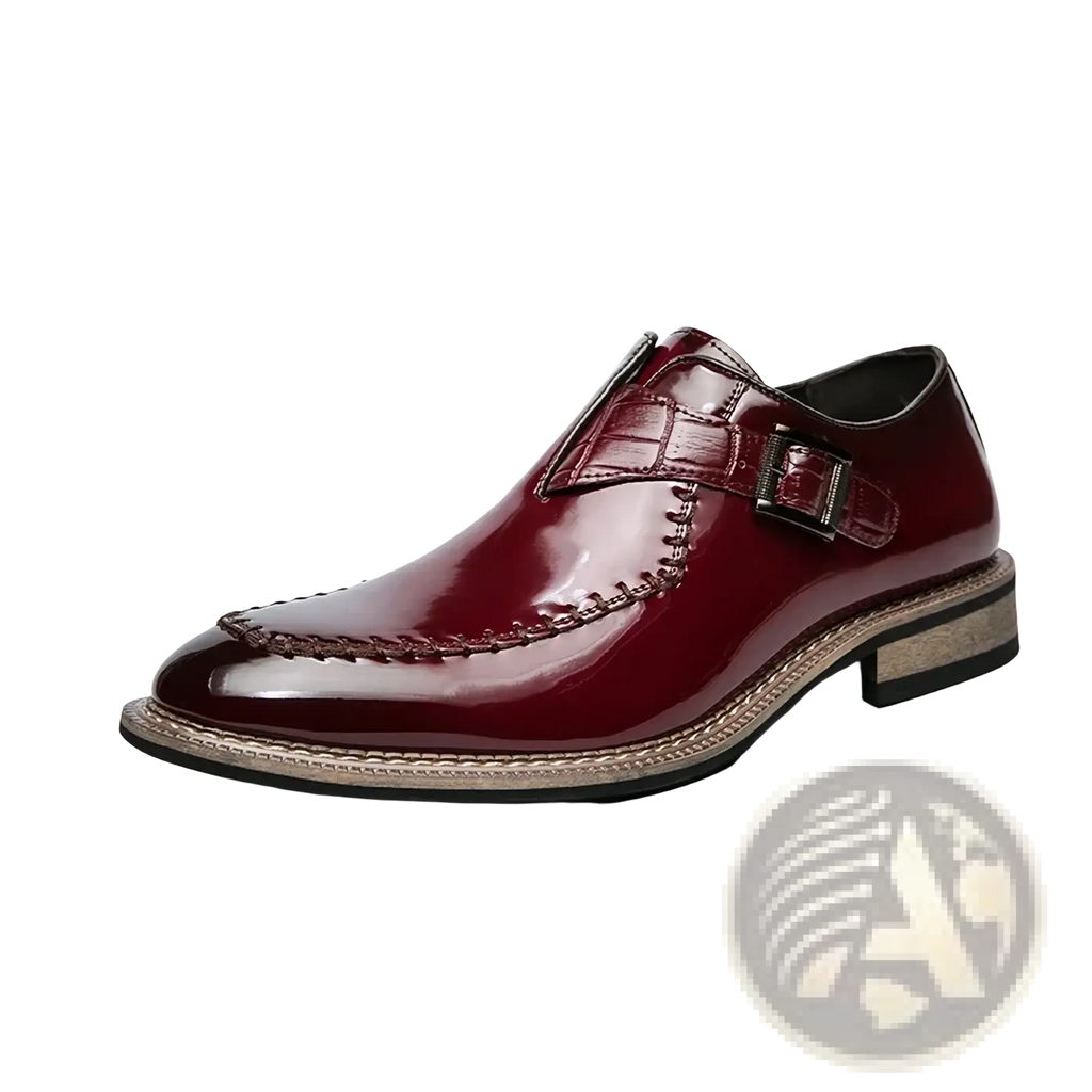 Men glossy patent leather dress shoe in burgundy with crocodile-textured strap and detailed stitching