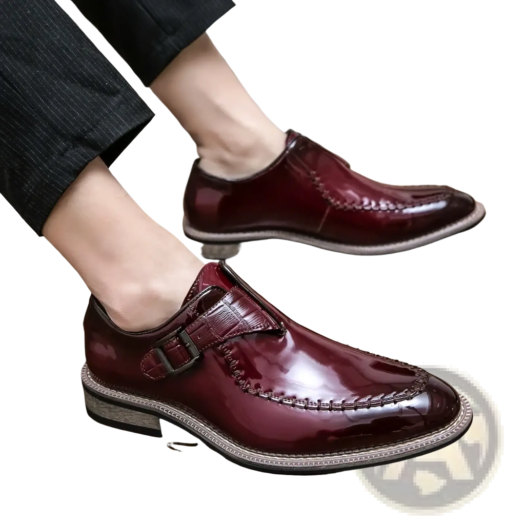Men glossy patent leather dress shoes in polished burgundy with crocodile-embossed strap and stitched detailing