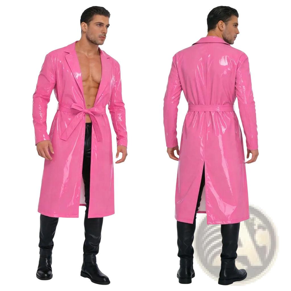 Men glossy pu leather trench coat in shiny pink latex with belted waist and long sleeves