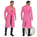 Men glossy pu leather trench coat in shiny pink latex with belted waist and long sleeves
