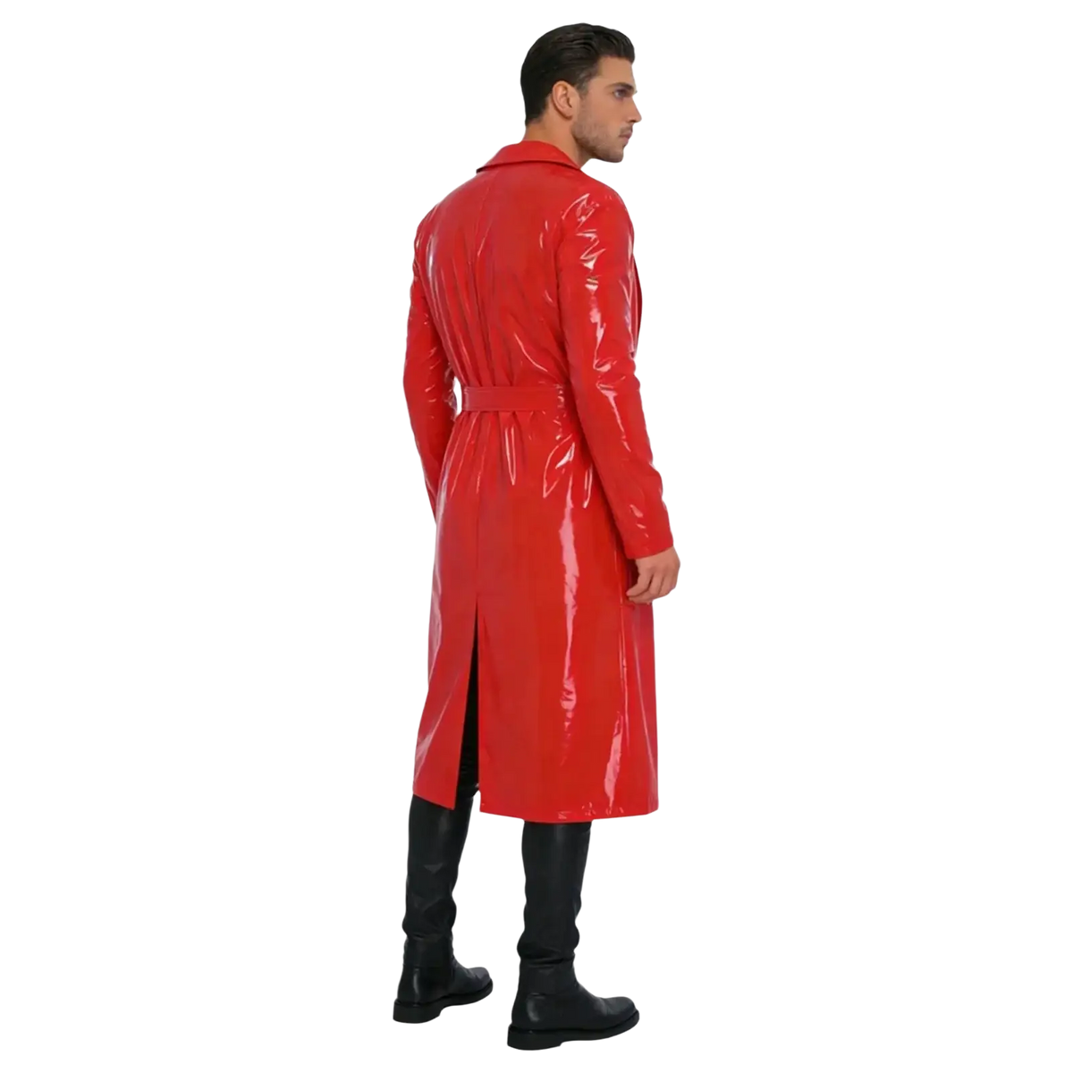 Men glossy pu leather trench coat in red with belted waist and front slit showcasing a sleek design