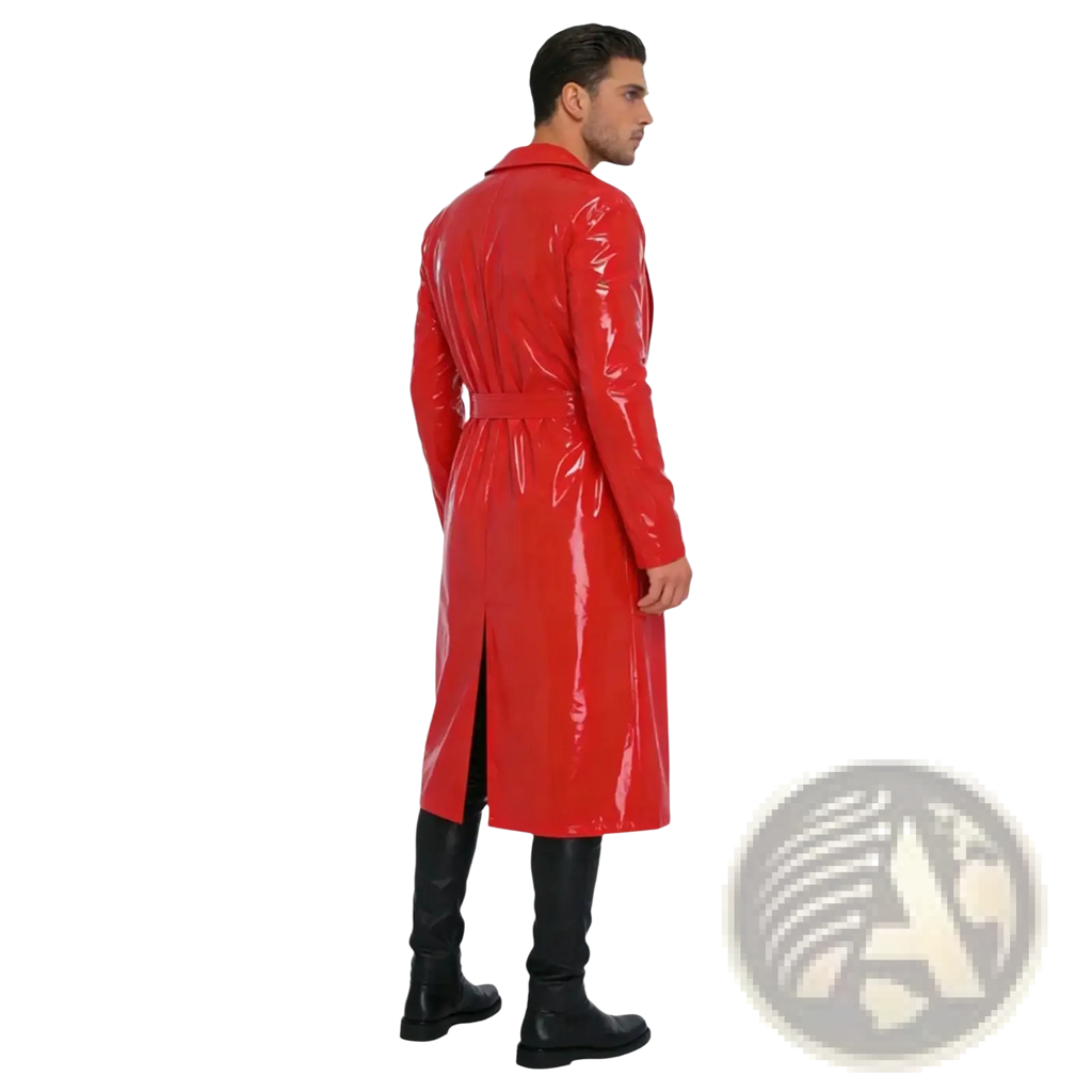 Men glossy pu leather trench coat in red with belted waist and front slit showcasing a sleek design