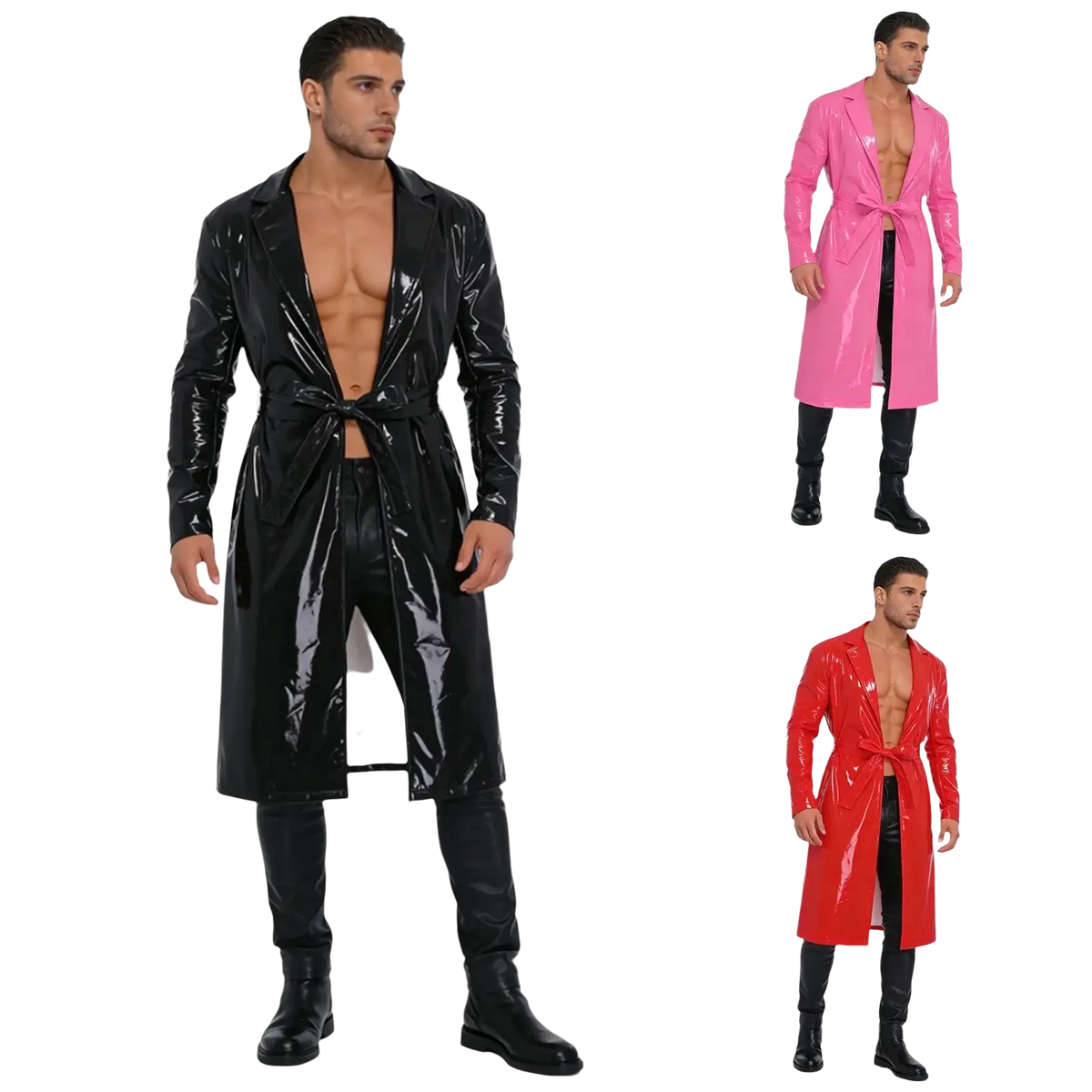Men glossy pu leather trench coat in shiny black pink and red patent leather with belted waistlines