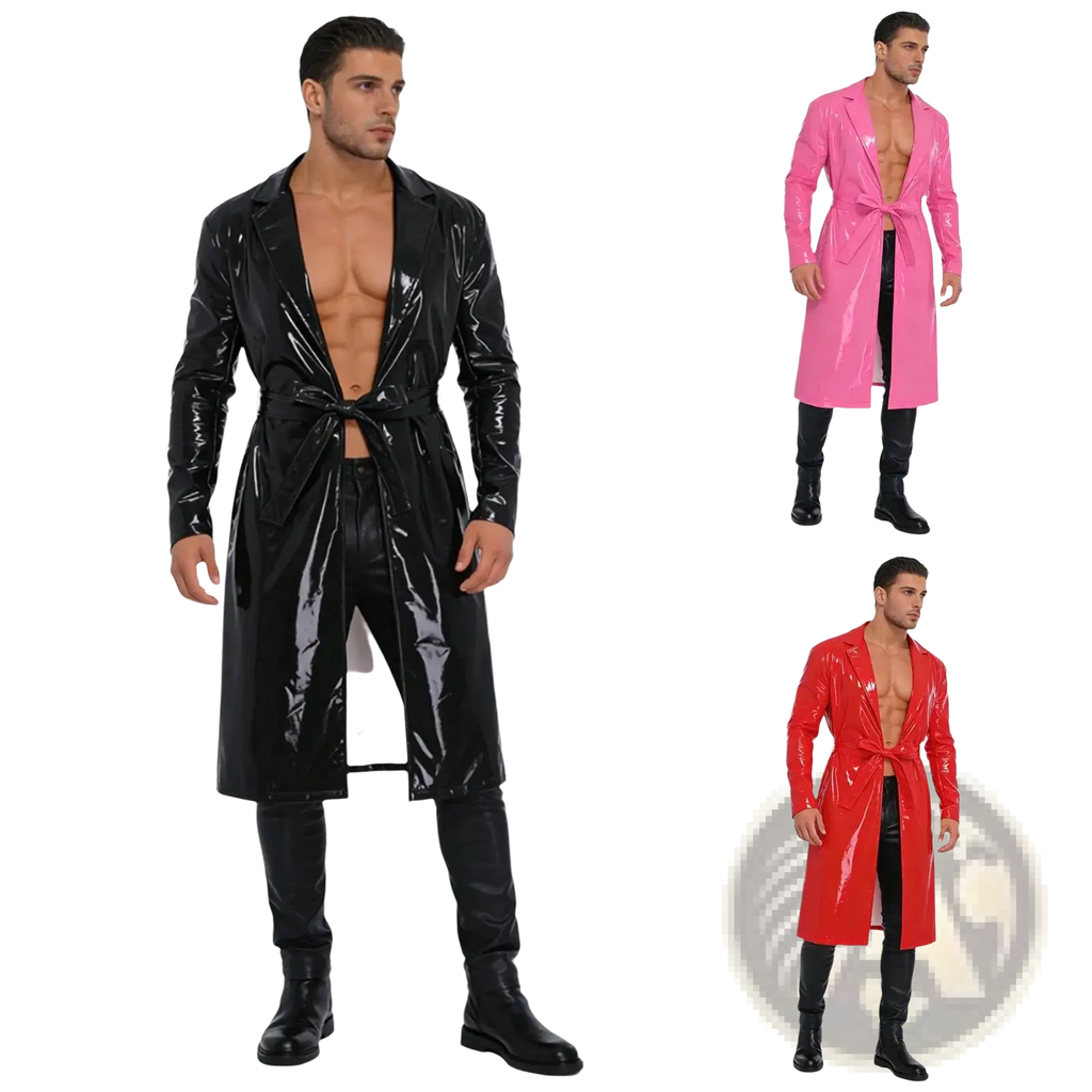 Men glossy pu leather trench coat in shiny black pink and red patent leather with belted waistlines