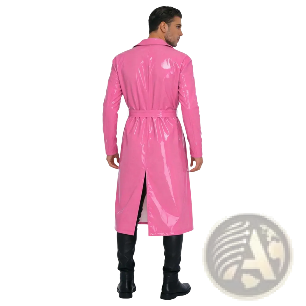 A shiny bright pink glossy pu leather trench coat for men with a matching belt and polished finish
