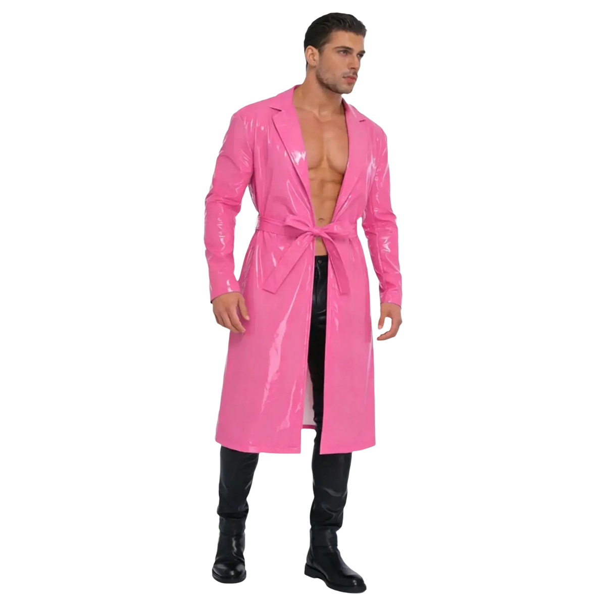 Men glossy pu leather trench coat in shiny bright pink latex with a matching belt for stylish outerwear