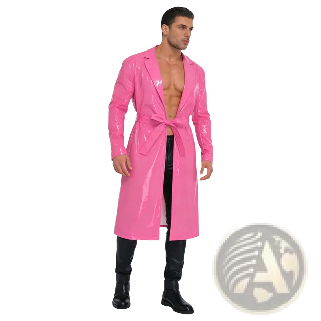 Men glossy pu leather trench coat in shiny bright pink latex with a matching belt for stylish outerwear