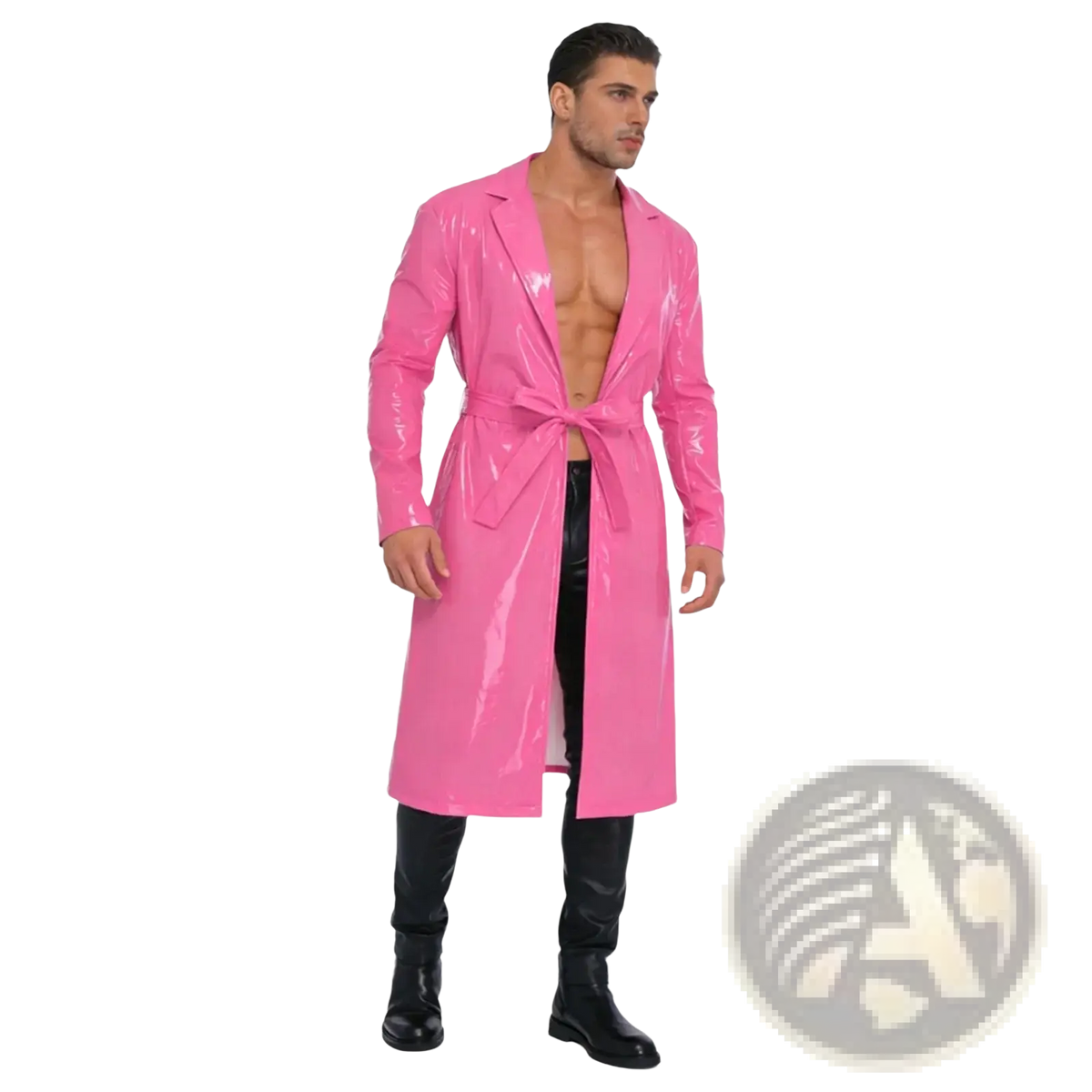Men glossy pu leather trench coat in shiny bright pink latex with a matching belt for stylish outerwear
