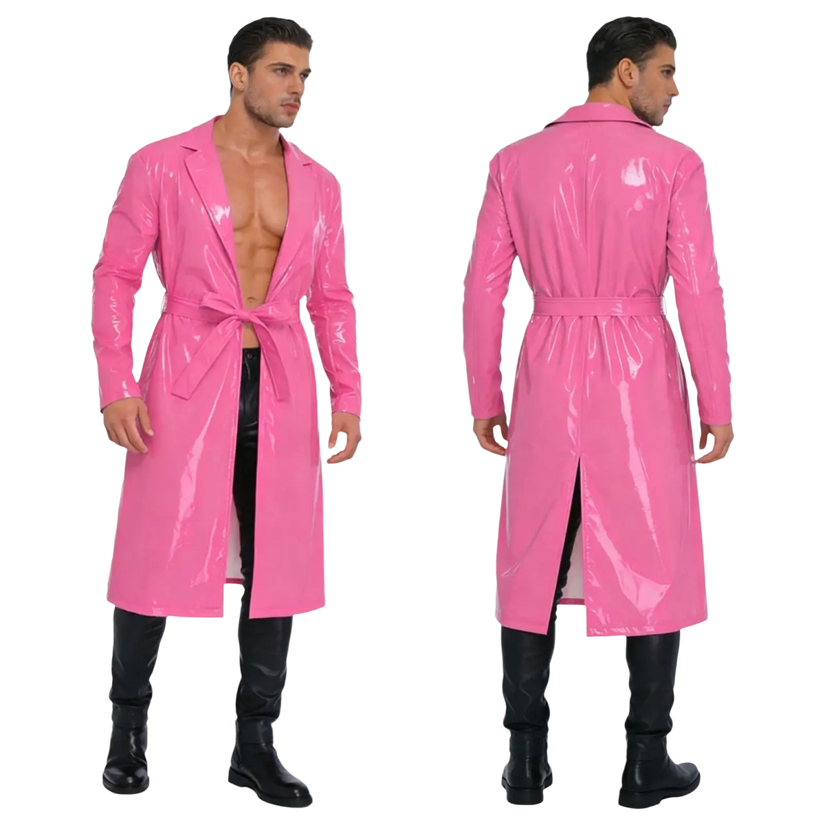 Men glossy pu leather trench coat in shiny pink latex with belted waist and long sleeves