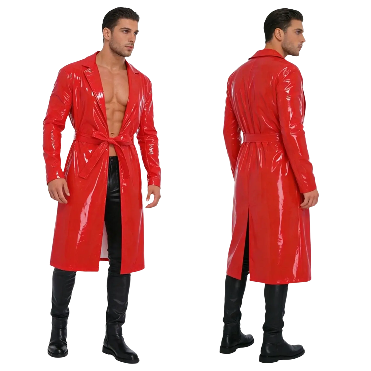 Men glossy pu leather trench coat in shiny red patent leather with belted waist and long sleeves
