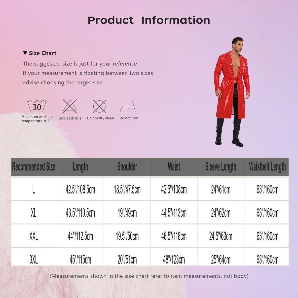 A shiny red glossy pu leather trench coat for men with long sleeves and a belted waist