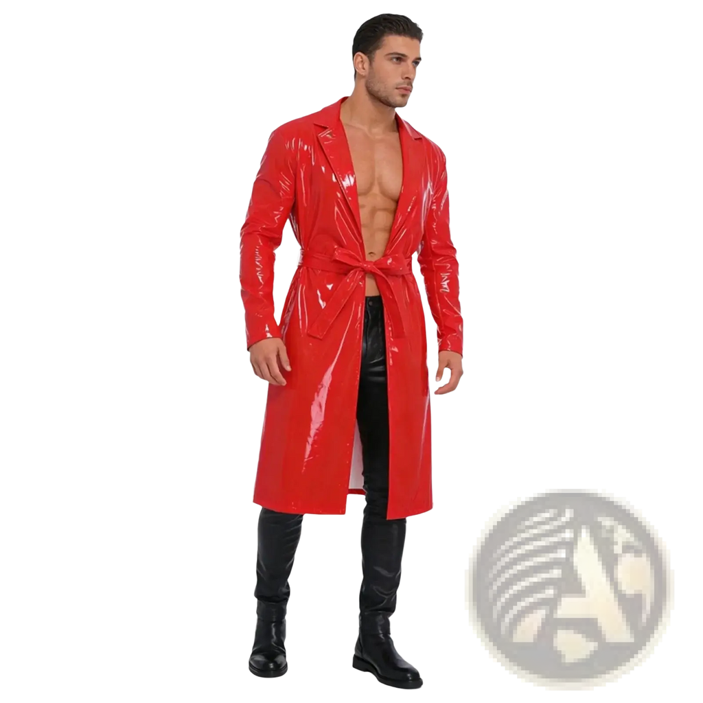 Men glossy pu leather trench coat in shiny red patent leather with a matching belt shown from the back side