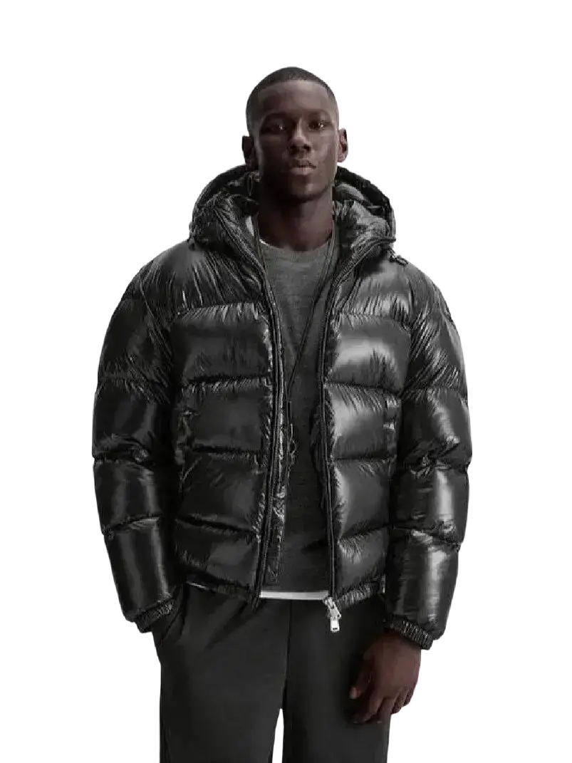 Men glossy puffer jacket in black with glossy finish and quilted design hooded winter coat for cold weather use