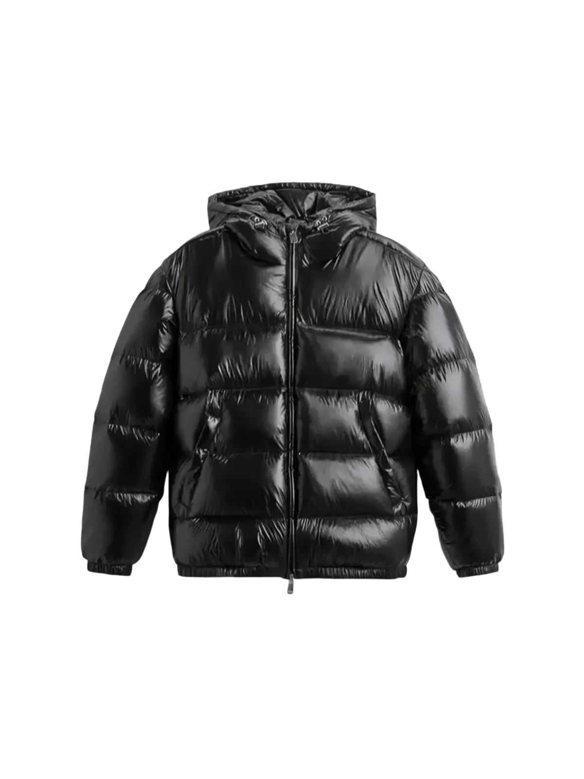 Men glossy puffer jacket in black with quilted design and glossy finish for hooded winter coat use