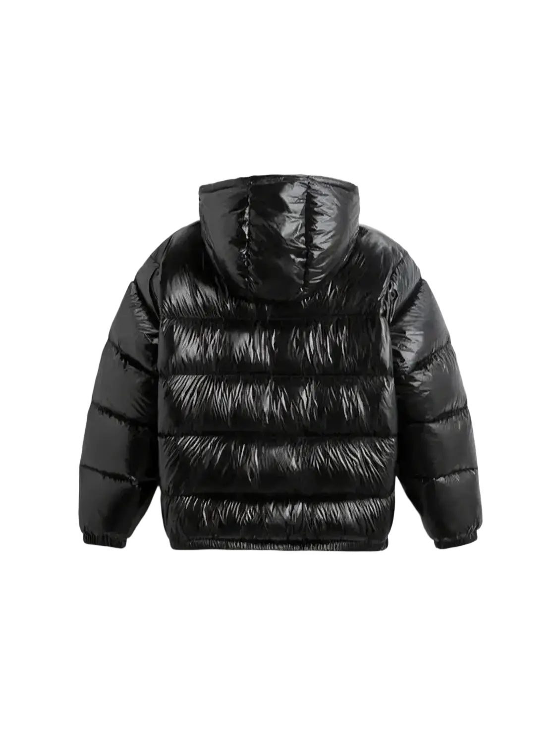 Black glossy puffer jacket with horizontal stitching men hooded winter coat for cold weather protection