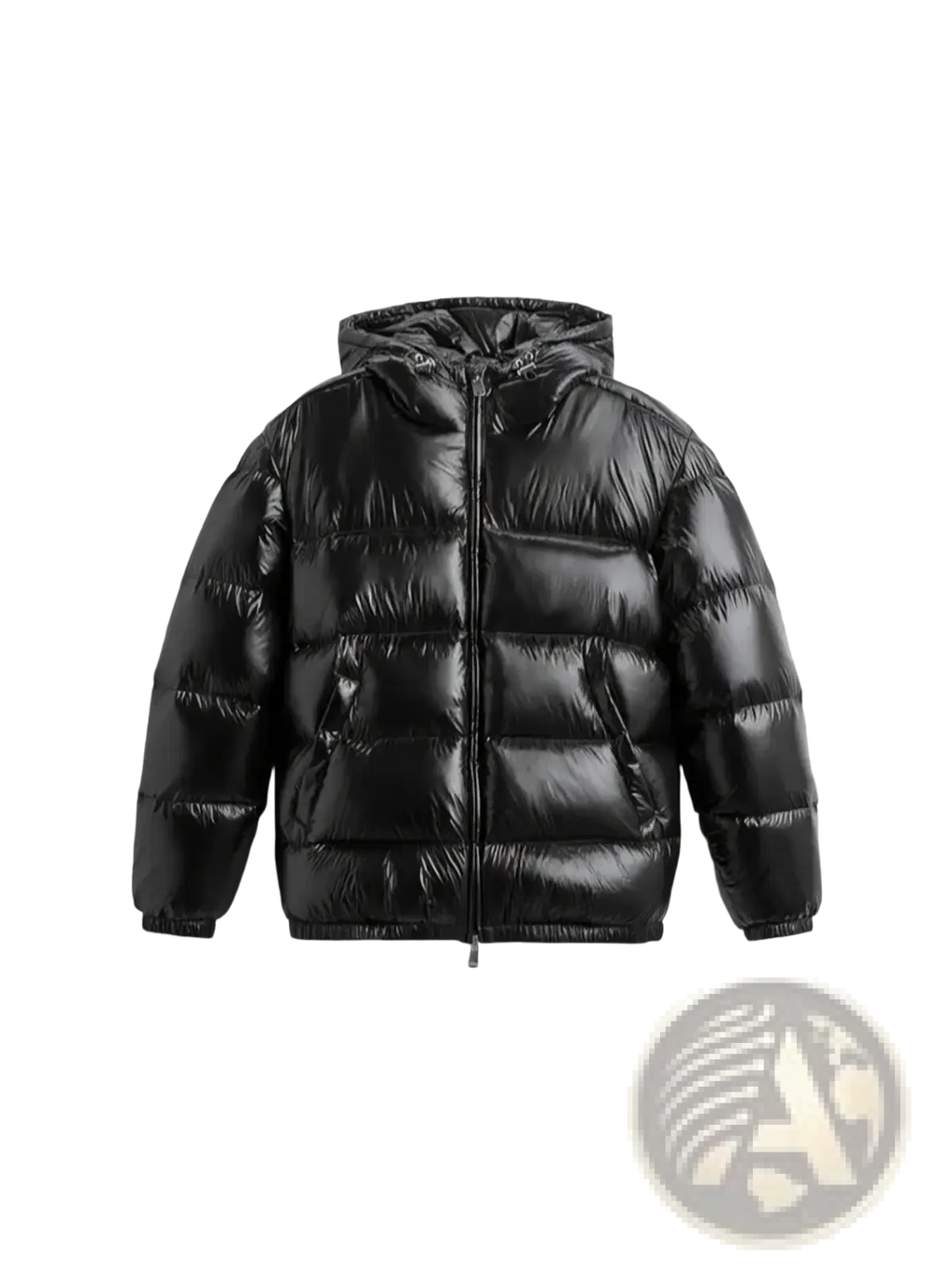 Black glossy quilted puffer jacket with hood for men suitable as a winter coat