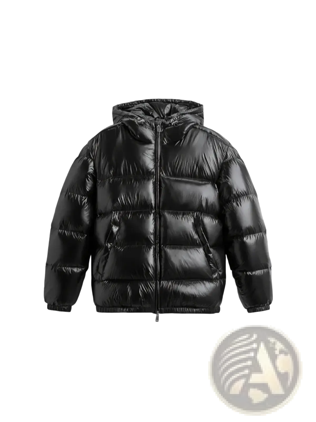 Black glossy quilted puffer jacket with hood for men suitable as a winter coat