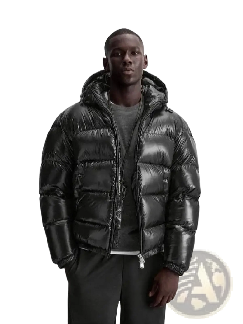 Black glossy quilted puffer jacket for men with hood designed as a winter coat