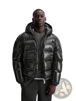 Black glossy quilted puffer jacket for men with hood designed as a winter coat