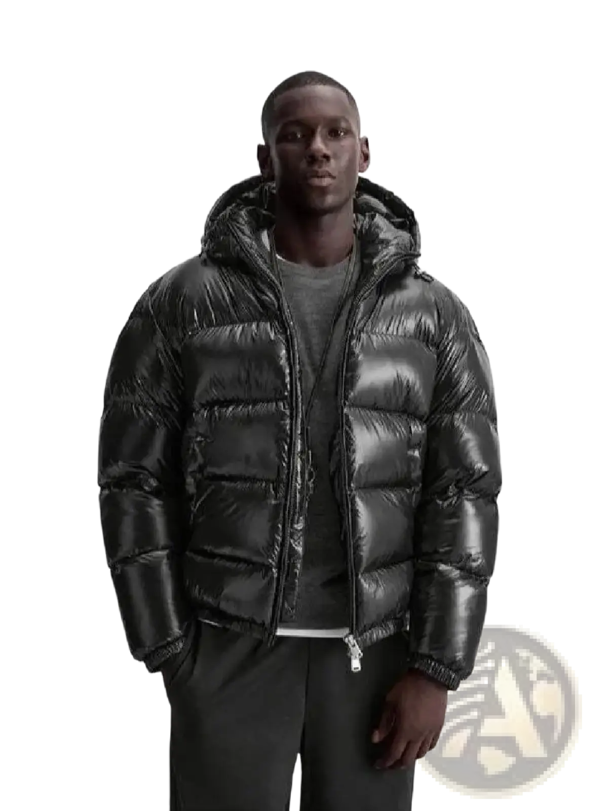 Black glossy quilted puffer jacket for men with hood designed as a winter coat