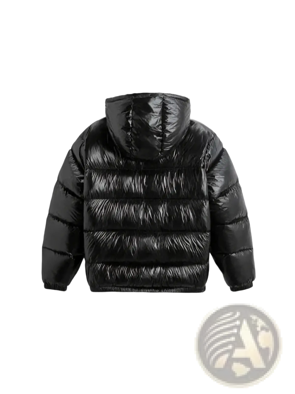 Black glossy puffer jacket with shiny quilted exterior and hood designed for men winter coat use