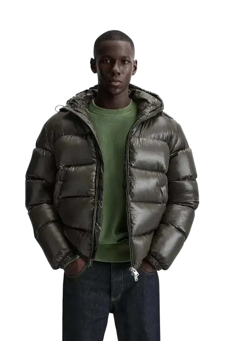 Men glossy puffer jacket in dark olive green with quilted design and hood, perfect for winter wear