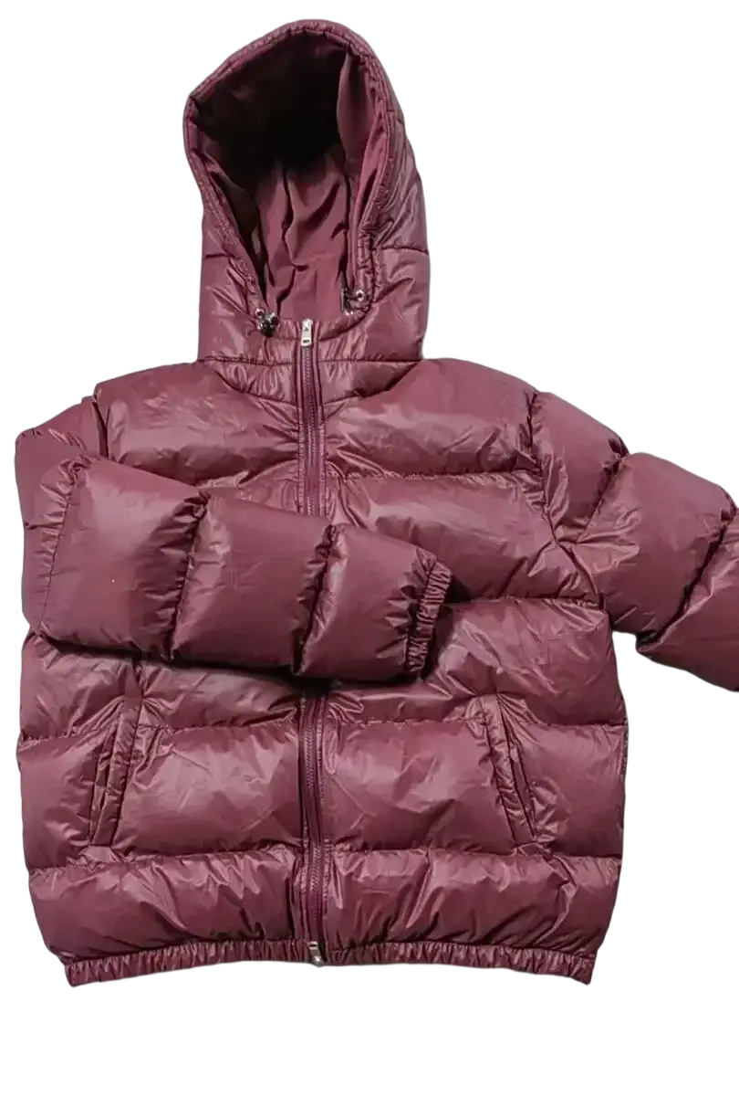 Men glossy maroon puffer jacket with hood quilted design and elastic cuffs for winter wear