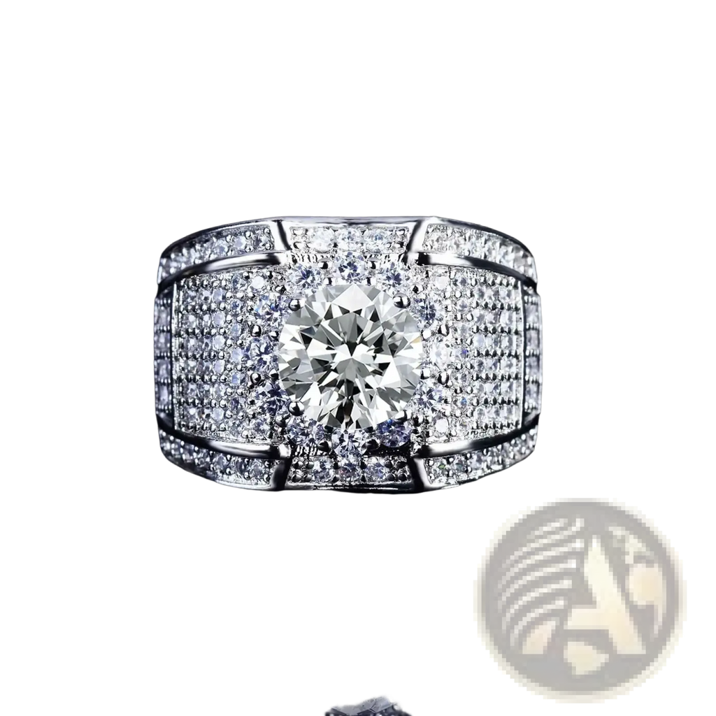 Men gold diamond ring engagement band with a dazzling platinum band and central round-cut diamond pavé setting