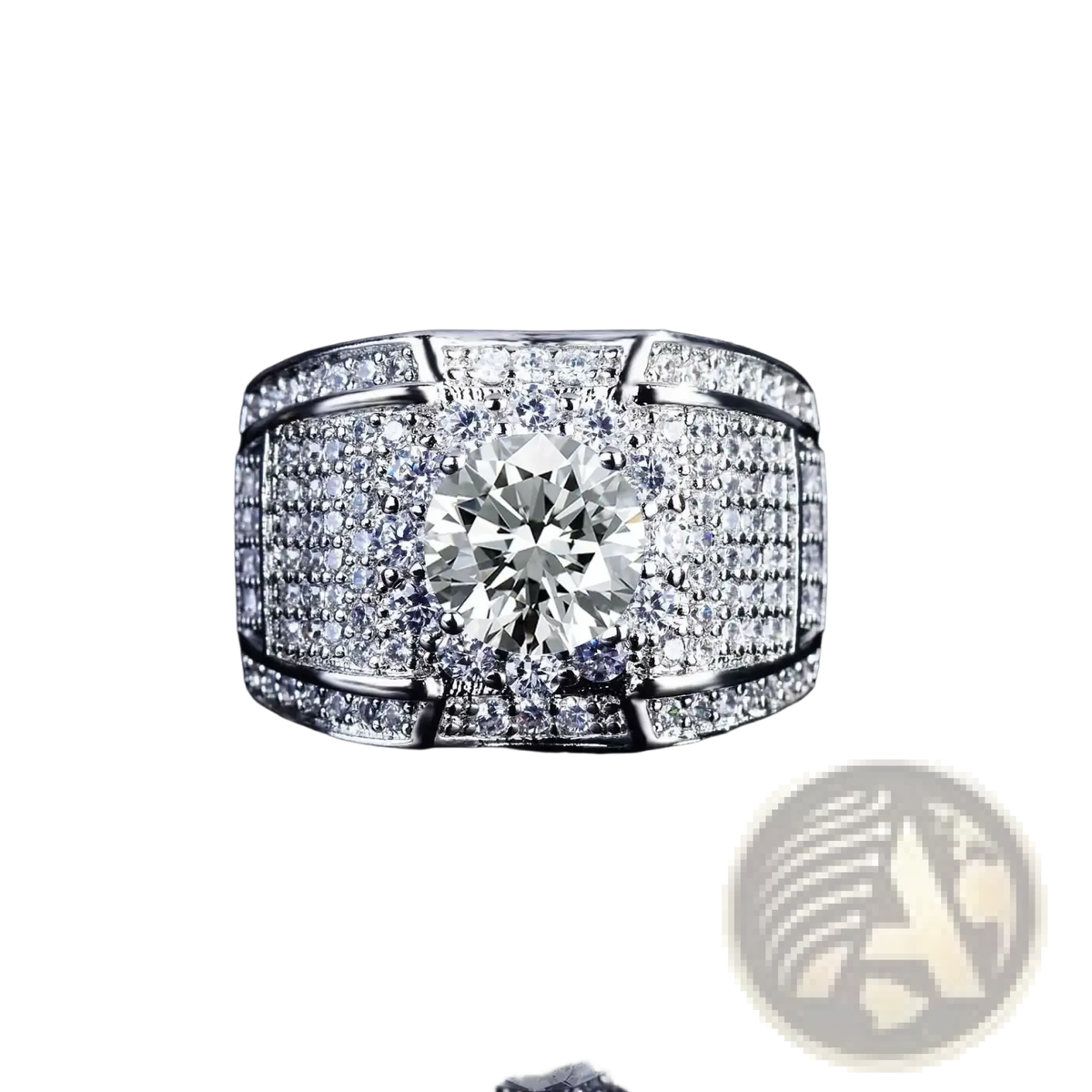 Men gold diamond ring engagement band with a dazzling platinum band and central round-cut diamond pavé setting