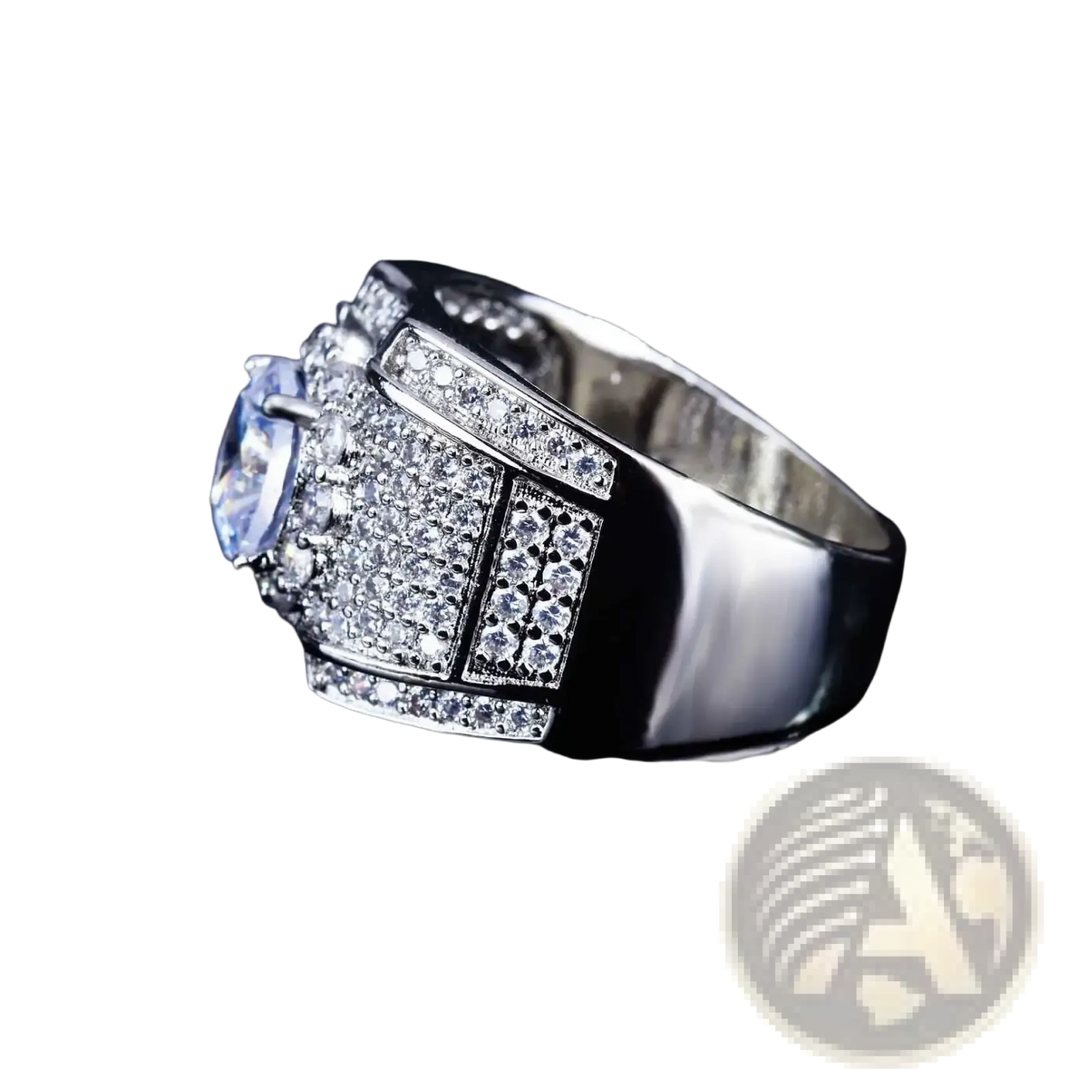 Men gold diamond ring engagement band with a bold silver tone, prominent blue gemstone, and intricate pavé clear crystals
