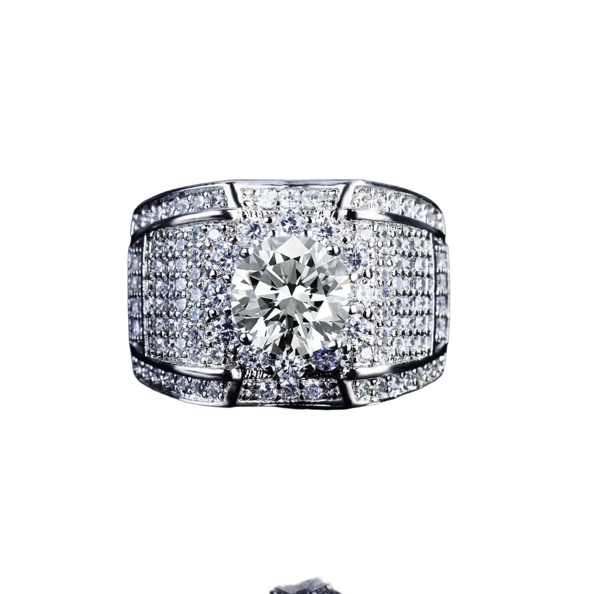 Men gold diamond ring engagement band with a dazzling platinum band and central round-cut diamond pavé setting