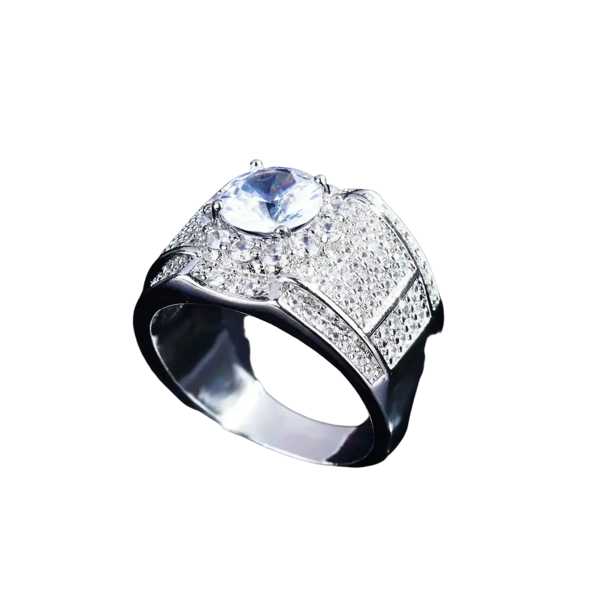 Men gold diamond ring engagement band with a dazzling silver-toned round-cut clear gemstone and pave setting