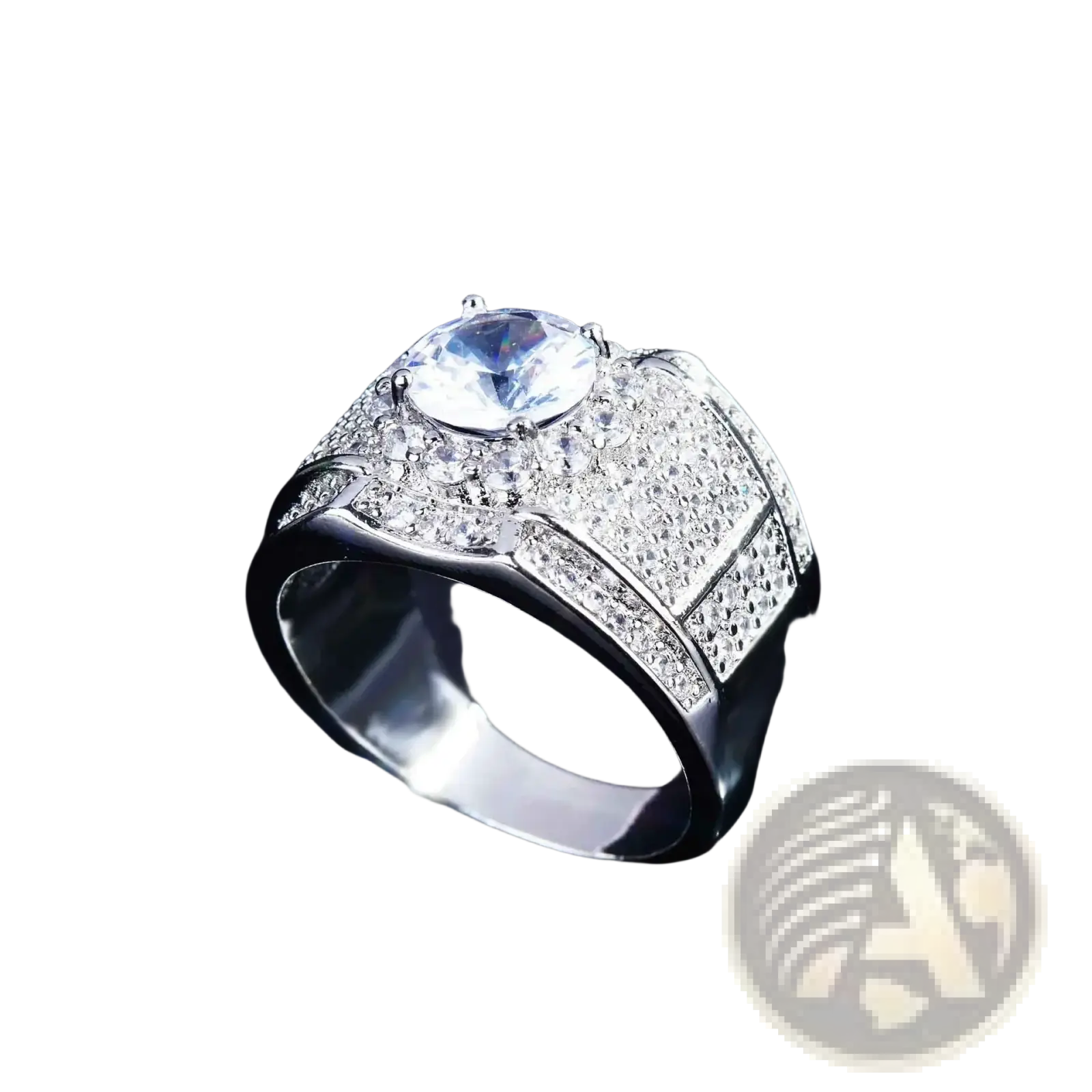 Men gold diamond ring engagement band with a dazzling silver-toned round-cut clear gemstone and pave setting