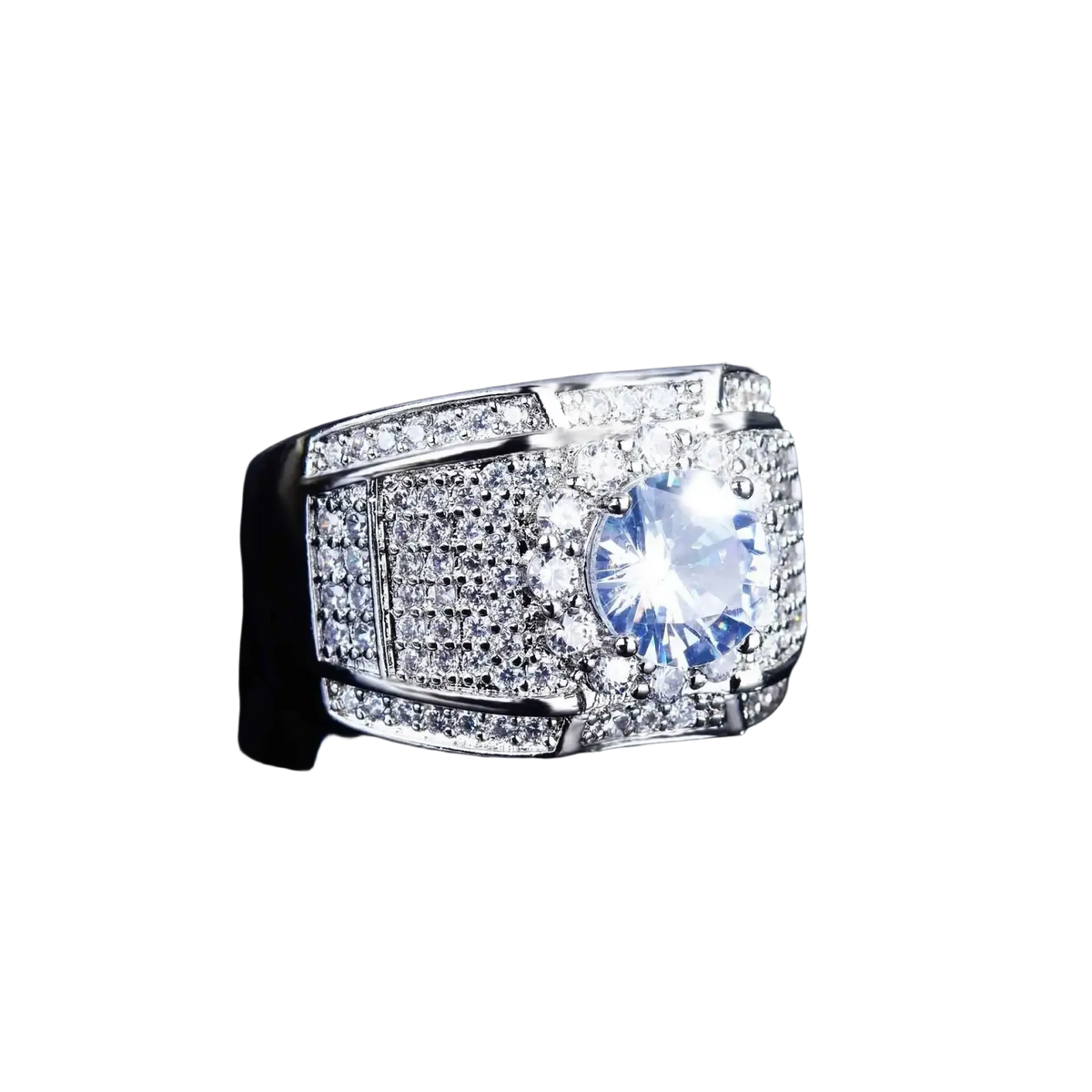 Men gold diamond ring engagement band with a blue center stone and silver-toned rectangular band with clear crystals