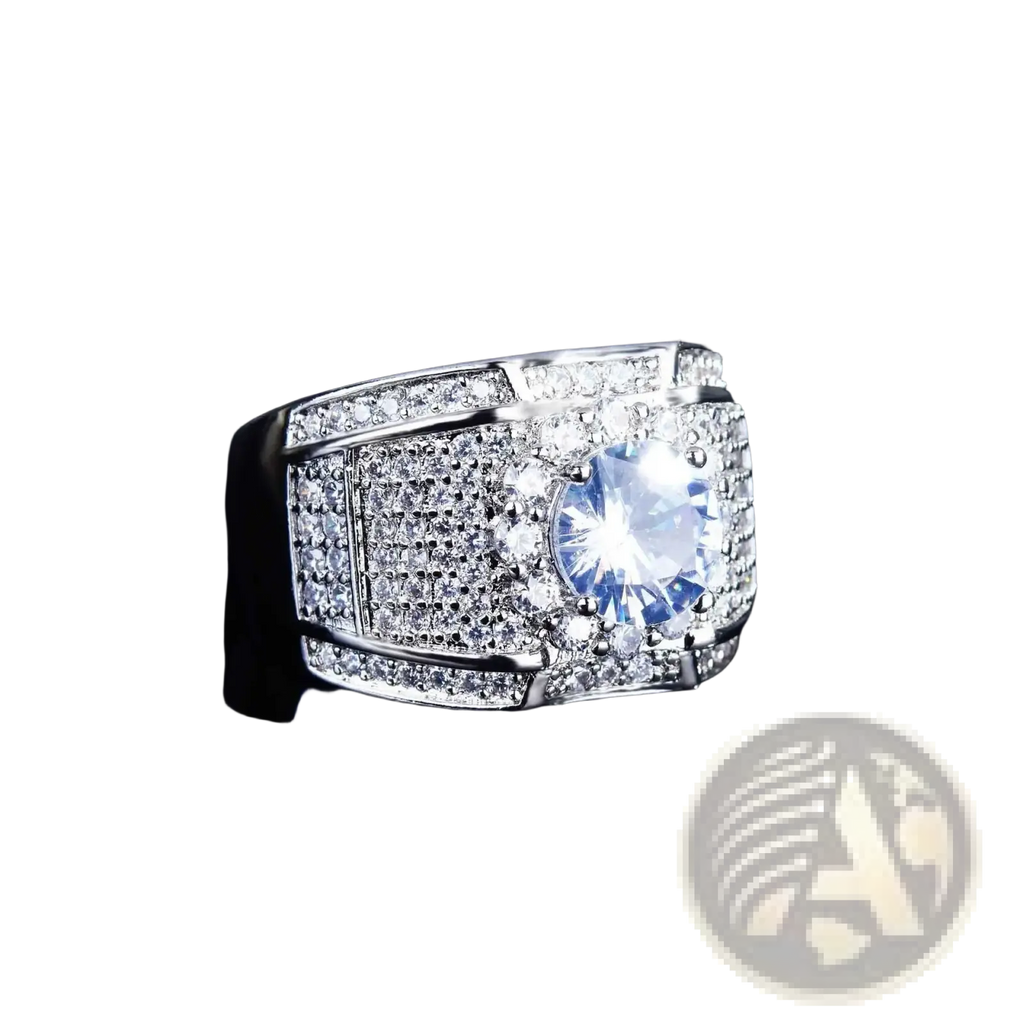 Men gold diamond ring engagement band with a blue center stone and silver-toned rectangular band with clear crystals