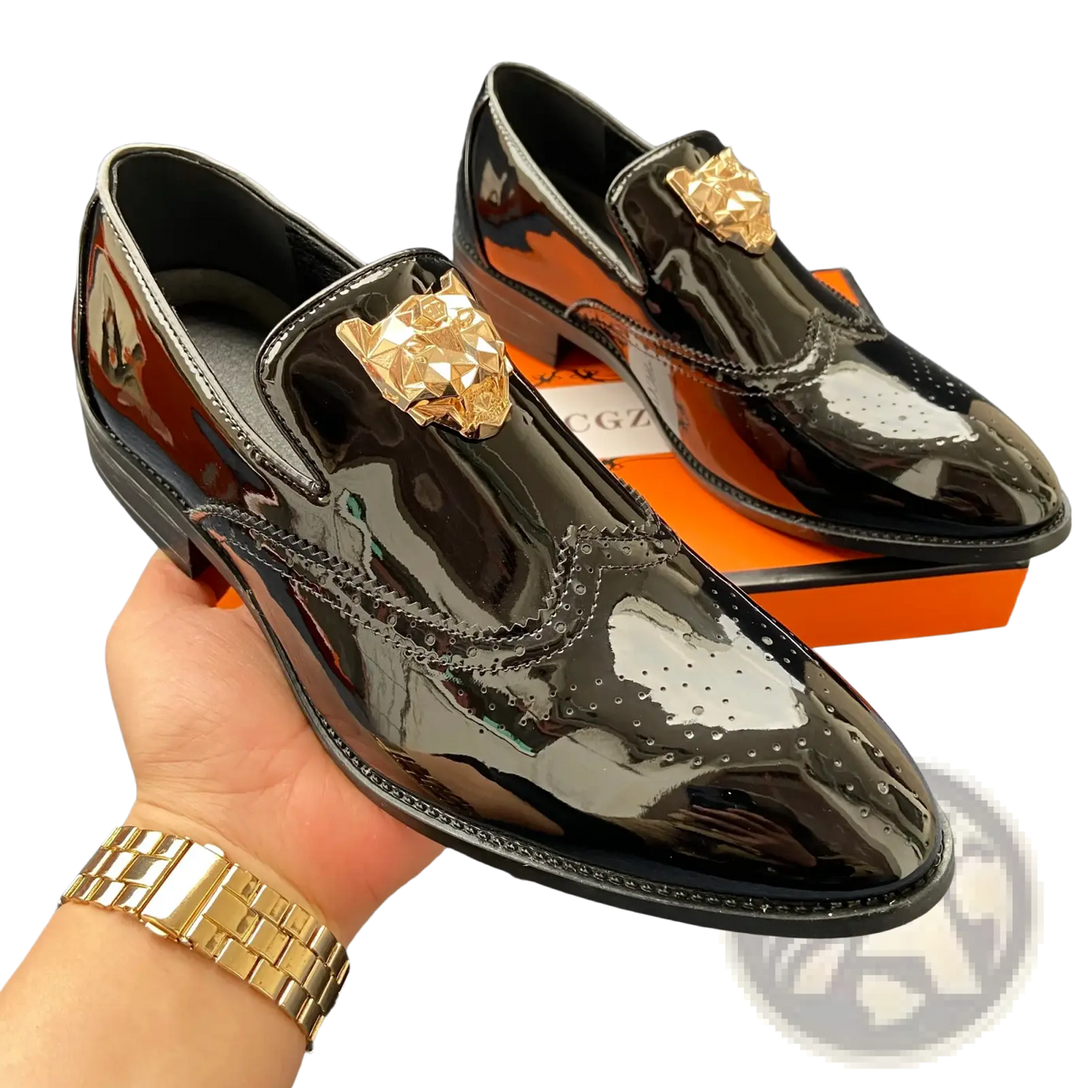 Men gold lion brogue loafers in black patent leather with gold-tone lion head wingtip embellishments