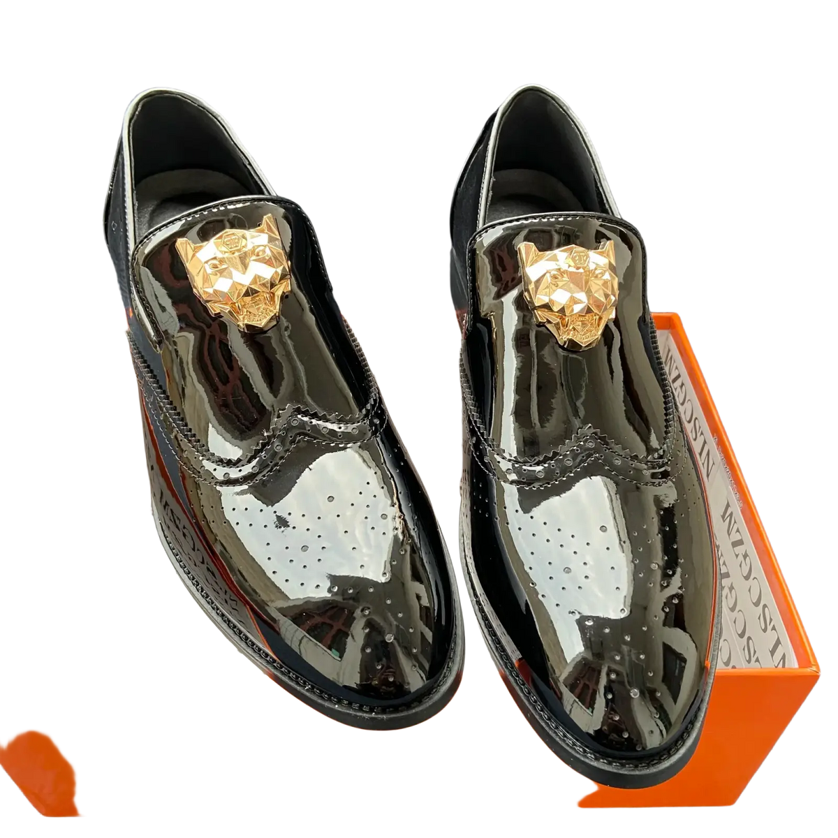 Men gold lion brogue loafers in black patent leather with gold-tone tiger head embellishments and perforated detailing