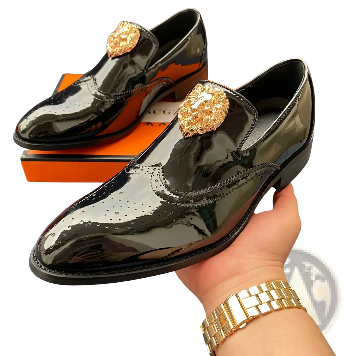 Black patent leather men gold lion brogue loafers featuring gold lion head embellishments for formal wear