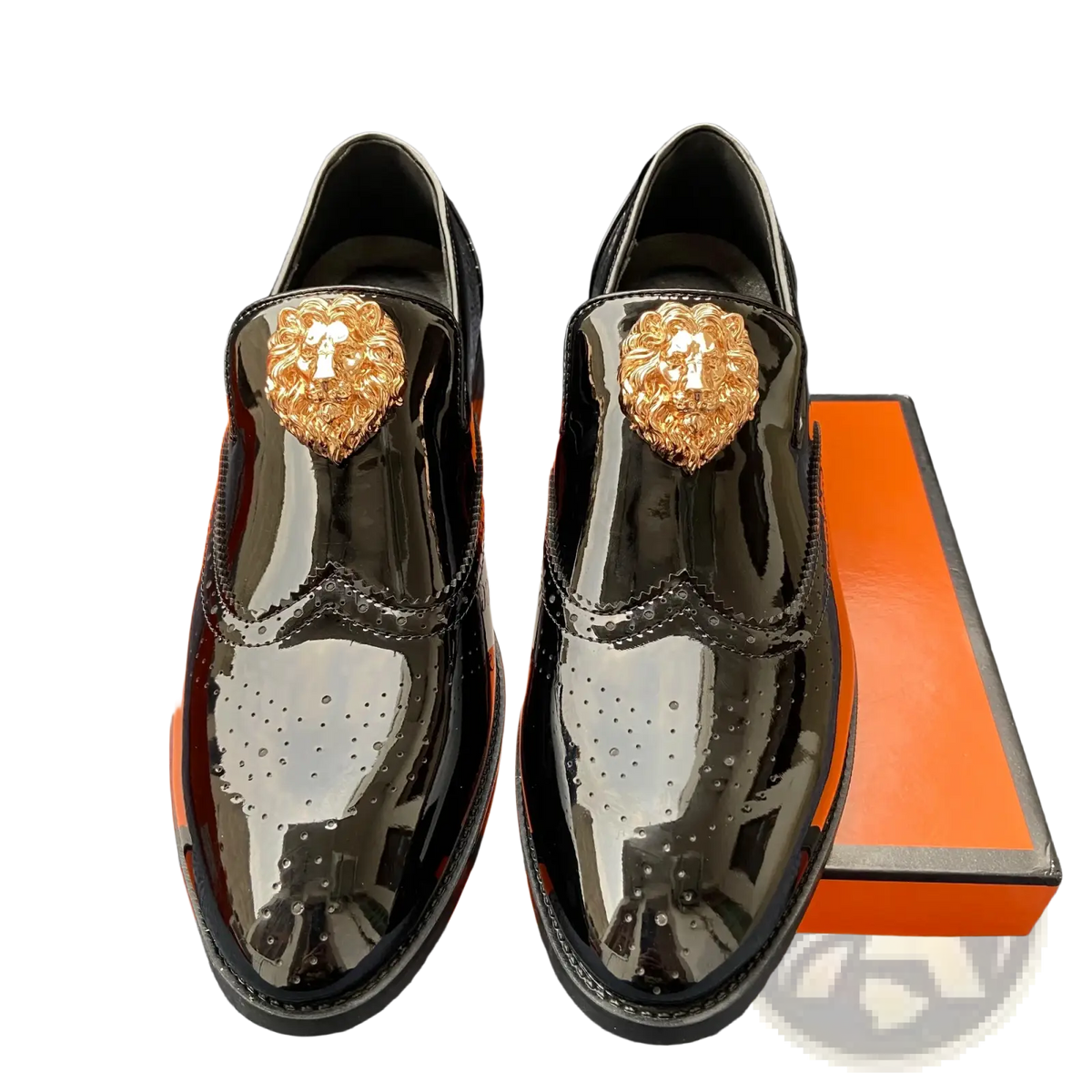 Men gold lion brogue loafers in black patent leather with gold lion head embellishments and perforated detailing