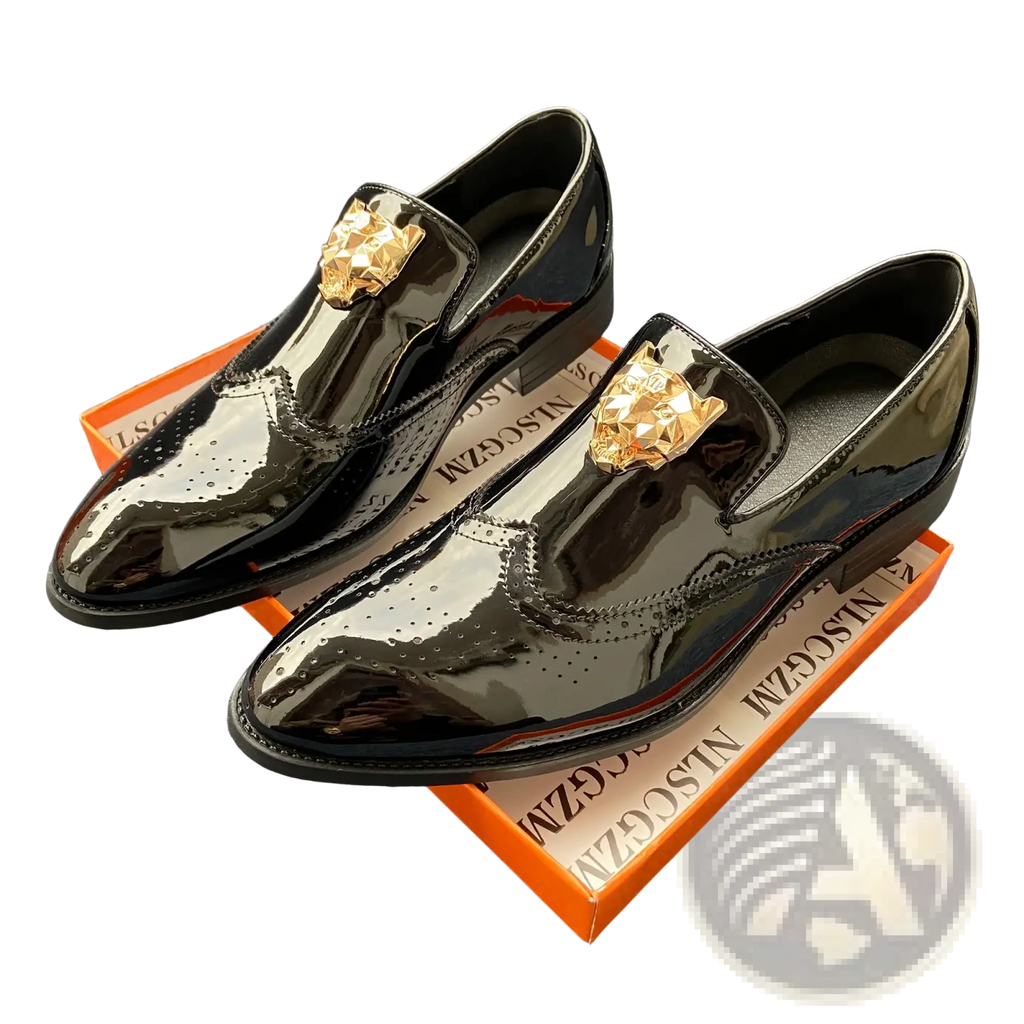 Black patent leather men gold lion brogue loafers with gold tone lion head embellishments front view