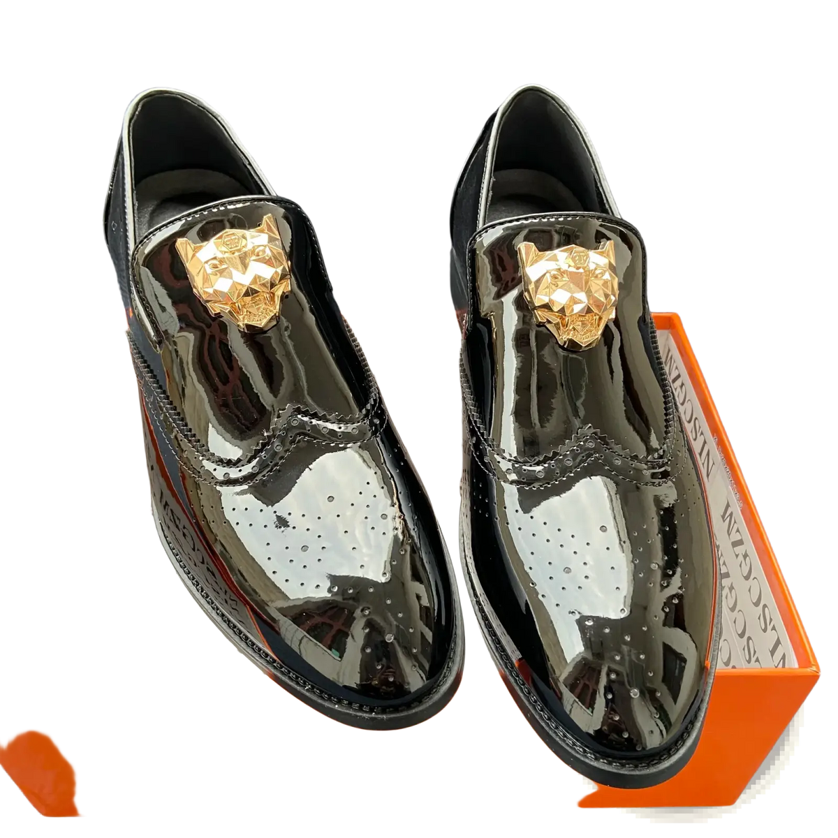 Men gold lion brogue loafers in black patent leather with gold-tone tiger head embellishments and perforated detailing