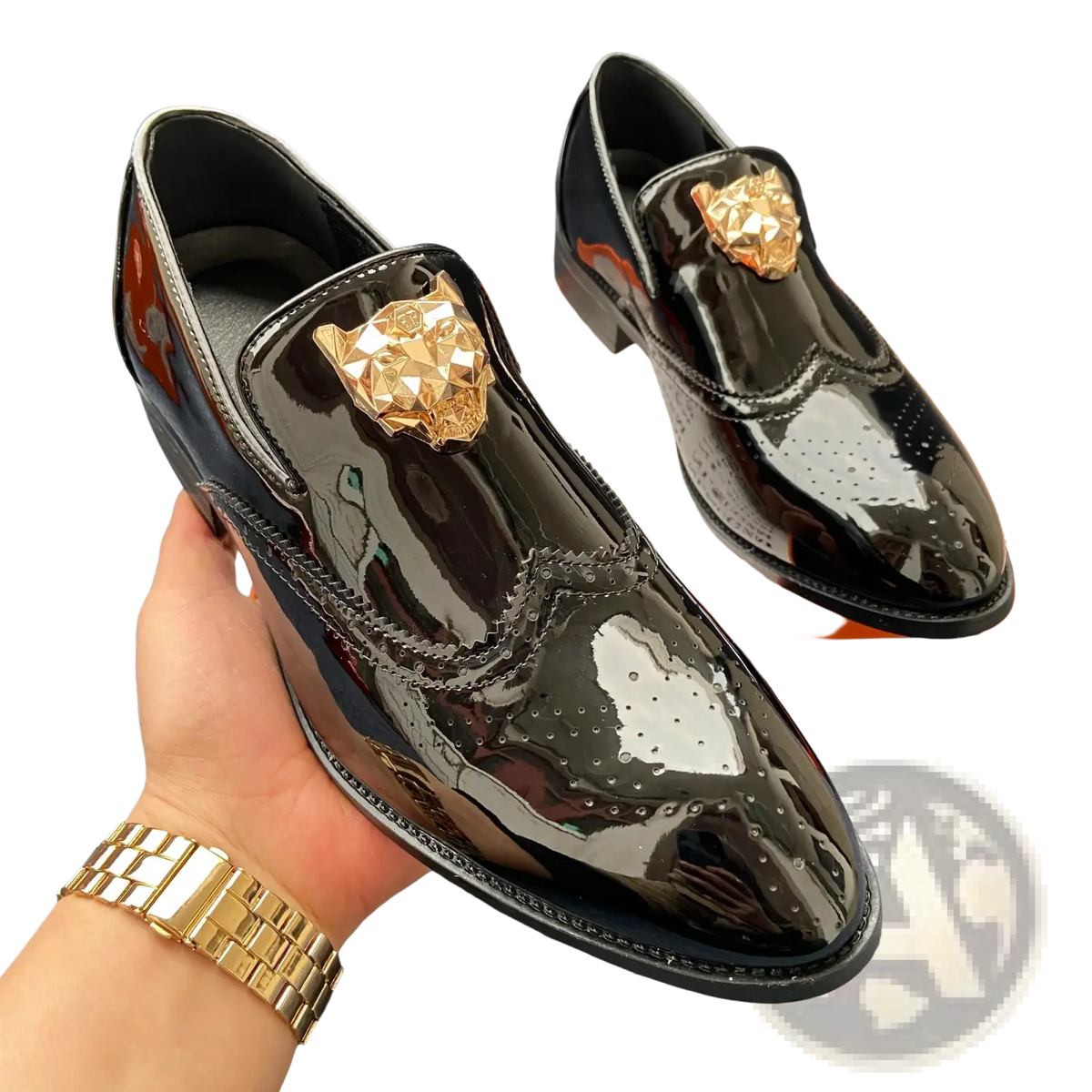 Black patent leather men gold lion brogue loafers with gold-tone lion head embellishments and brogue detailing