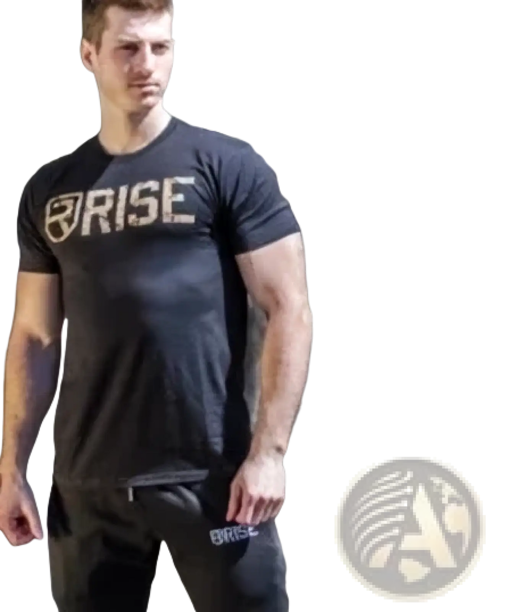 Black short-sleeved men’s workout t-shirt with gold rise logo printed across the chest