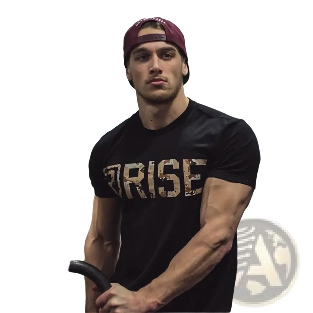 Men gold rise logo workout t-shirt featuring a black short-sleeved design with a distressed gold print on cotton fabric